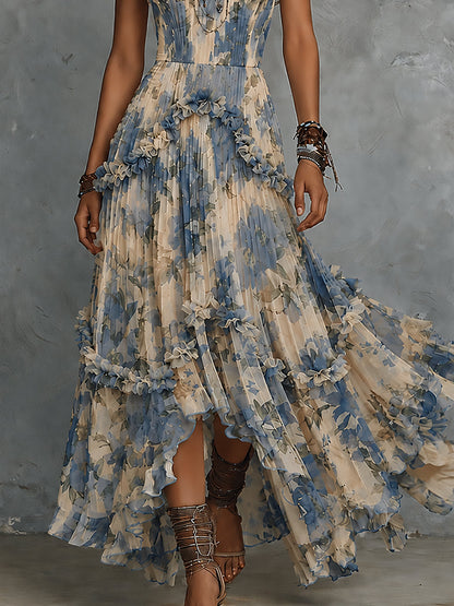 Effortless Blue Floral Maxi Dress for Women with Strapless Tiered Ruffle High Low Bohemian Style