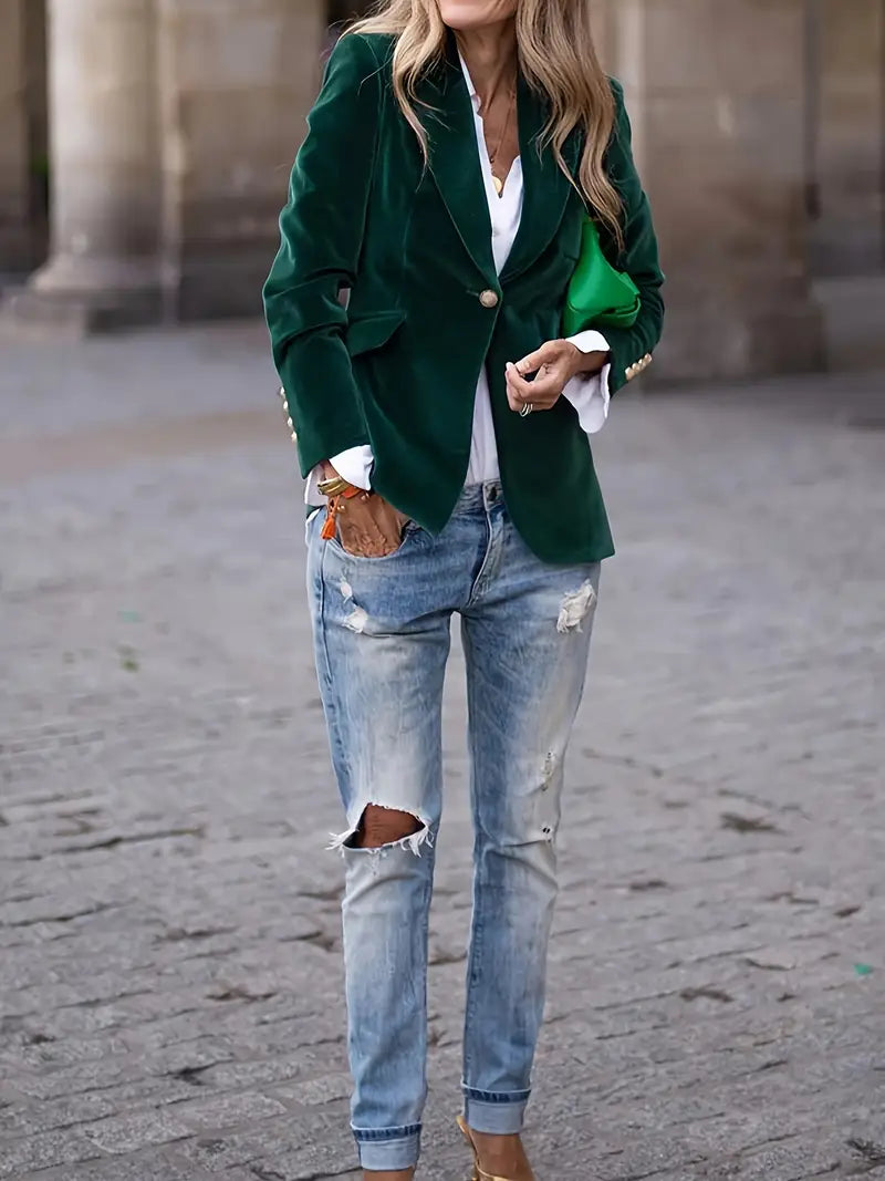 Elegant Velvet Blazer for Women with Peak Lapel Long Sleeve Single Button Tailored Style