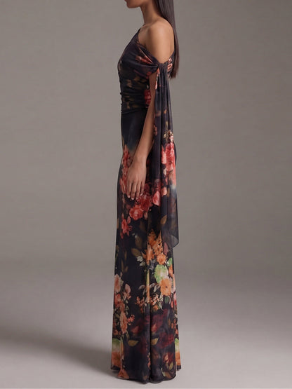 Elegant Black Floral Maxi Dress for Women with One Shoulder Draped Sleeve Column Flowing Formal Wedding Guest Style