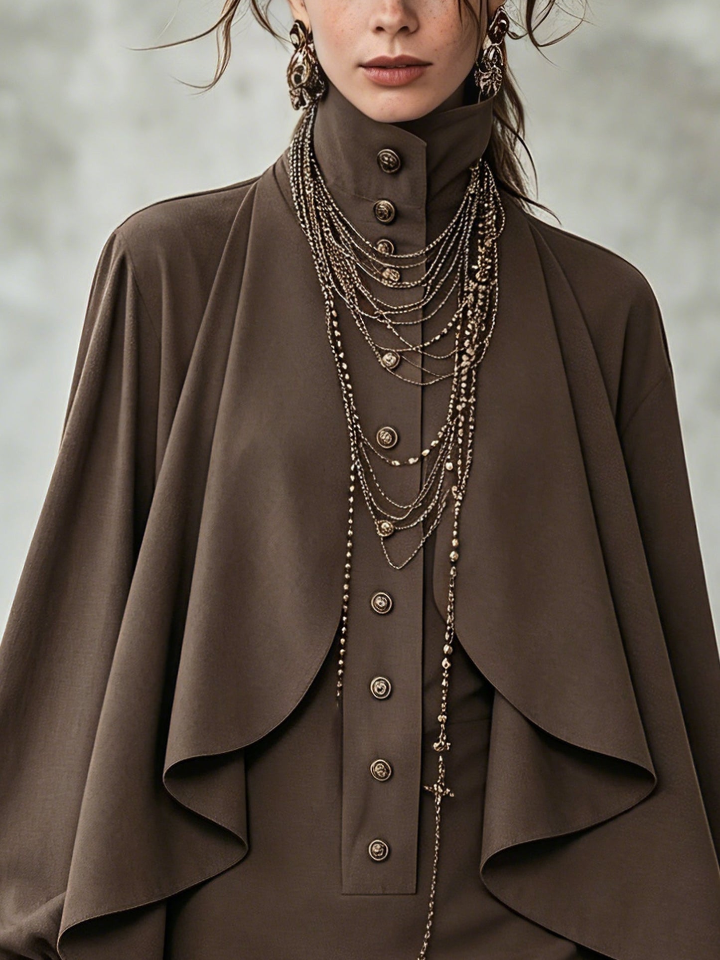 Elegant Chocolate Cape Mini Dress for Women with High Neck Bishop Sleeve Button Front Flowing Style