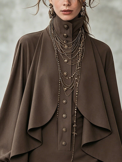 Elegant Chocolate Cape Mini Dress for Women with High Neck Bishop Sleeve Button Front Flowing Style