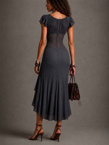 Elegant Dark Grey Lace Corset Midi Dress for Women with V Neck Flutter Sleeve Ruffle High Slit Style