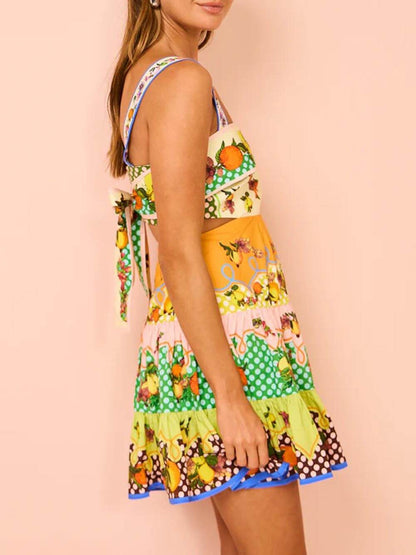 Effortless Multicolor Citrus Print Mini Dress for Women with Square Neck Sleeveless Cutout Tiered Ruffle Boho Style