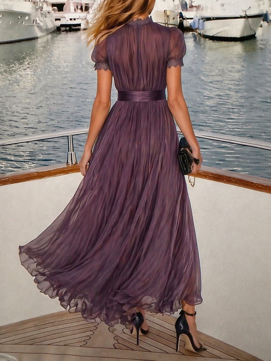 Elegant Chiffon Maxi Dress for Women with High Neck Lace Trim Puff Sleeve Flowing Wedding Guest Style