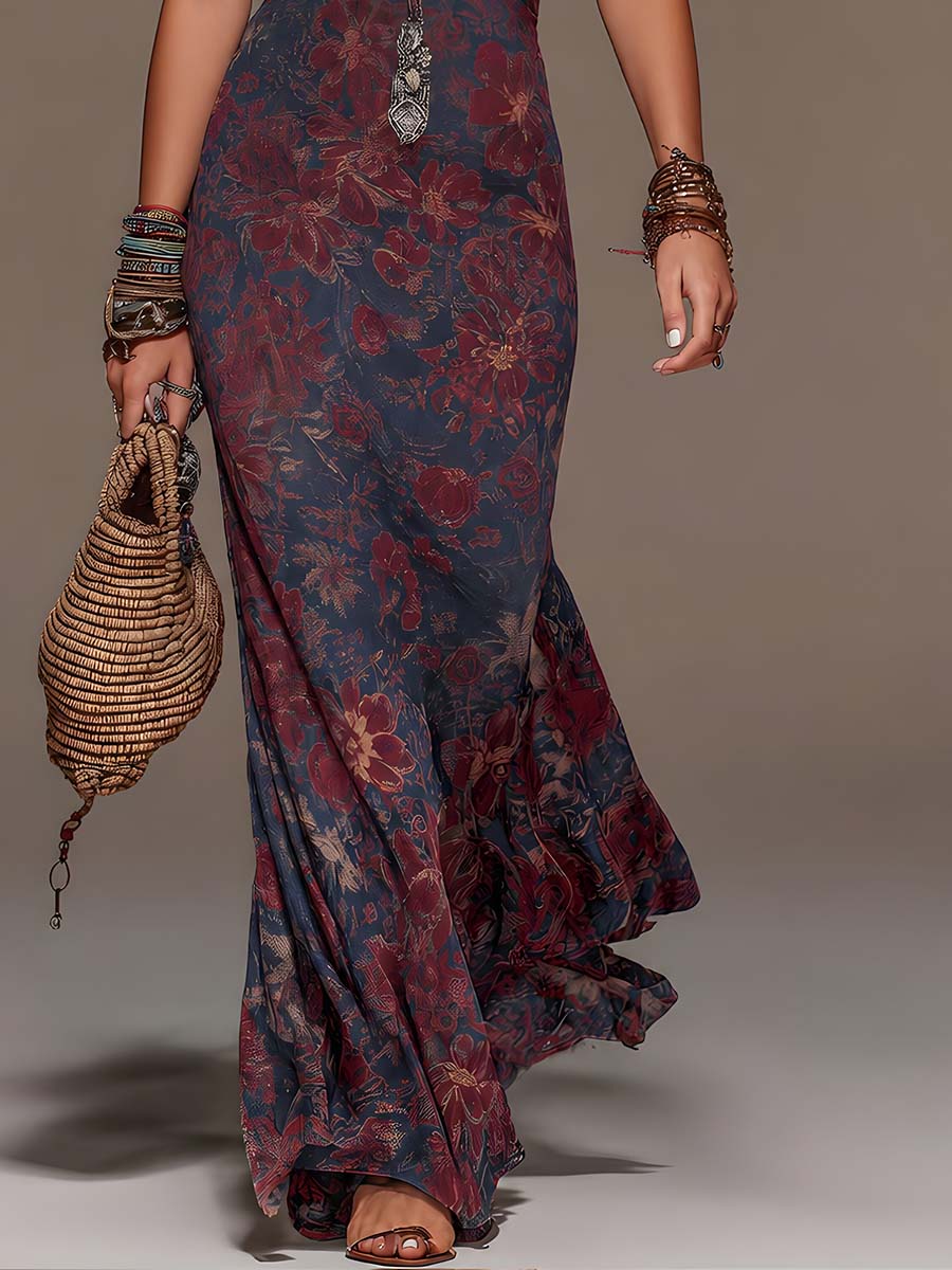 Elegant Navy Floral Maxi Dress for Women with Halter Lace Neckline Flowing Mermaid Bohemian Style
