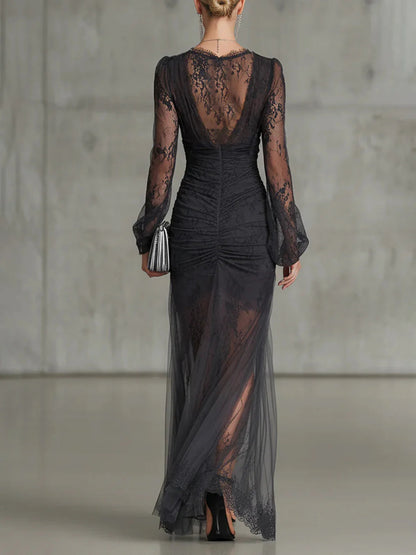 Elegant Dark Grey Lace Maxi Dress for Women with V Neck Long Sleeve High Slit Ruched Flowing Style