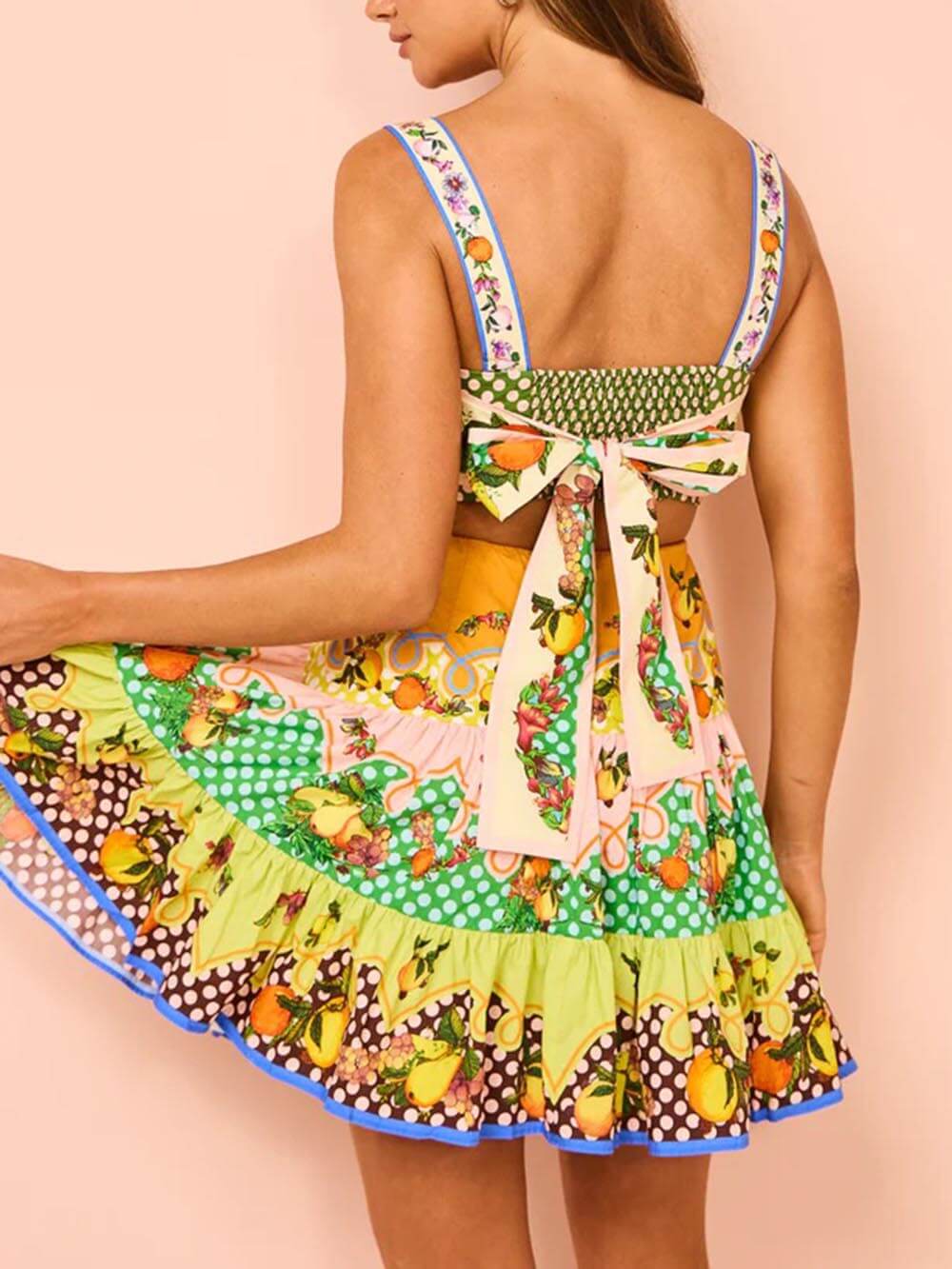 Effortless Multicolor Citrus Print Mini Dress for Women with Square Neck Sleeveless Cutout Tiered Ruffle Boho Style