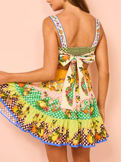Effortless Multicolor Citrus Print Mini Dress for Women with Square Neck Sleeveless Cutout Tiered Ruffle Boho Style