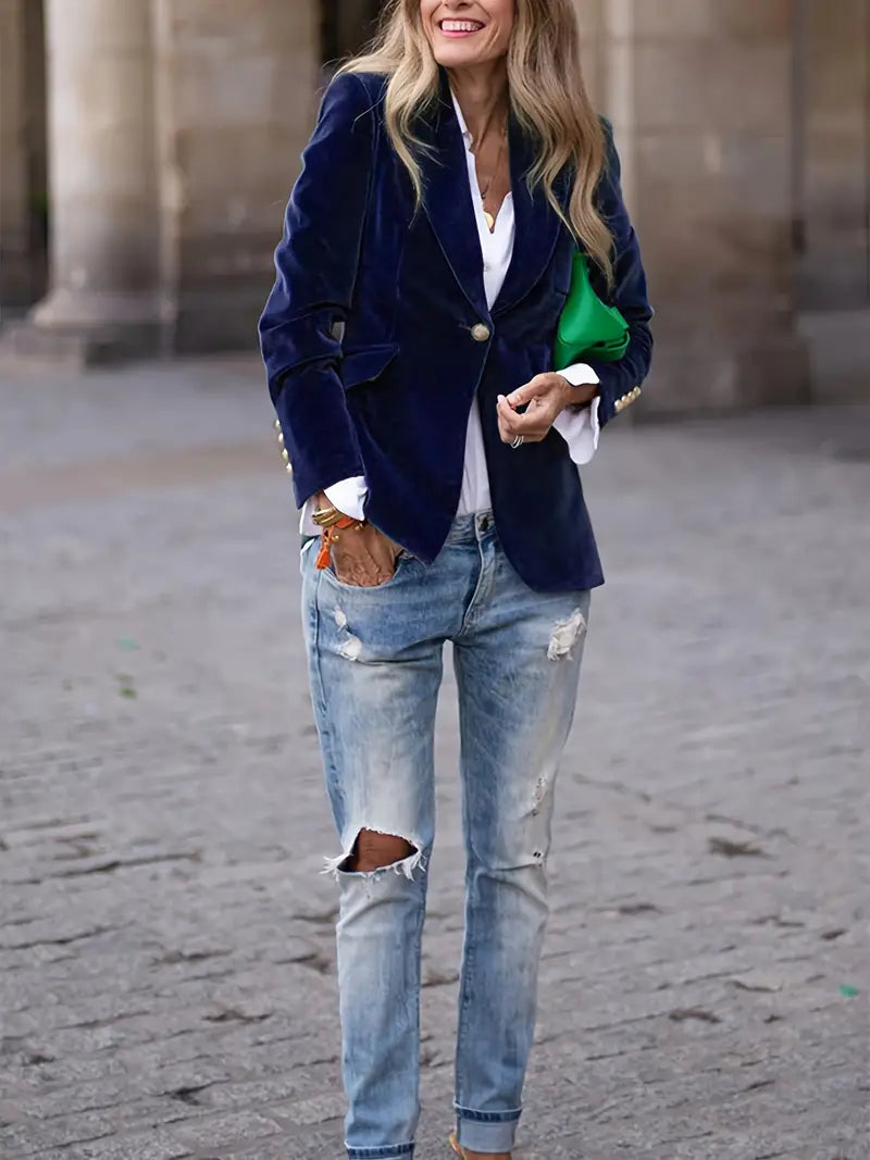 Elegant Velvet Blazer for Women with Peak Lapel Long Sleeve Single Button Tailored Style