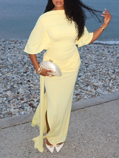 Elegant Yellow Maxi Dress for Women with High Neck Batwing Sleeve Open Back Ruched Slit Style