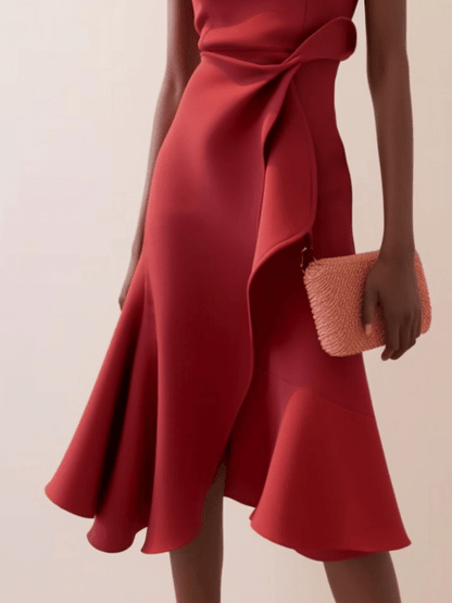 Elegant Draped Midi Dress for Women with Boat Neck Sleeveless Ruffle Hem Cocktail Style