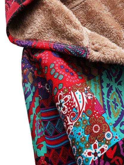Effortless Patchwork Print Hooded Coat for Women with Long Sleeve Button Front Faux Fur Lined Oversized Style