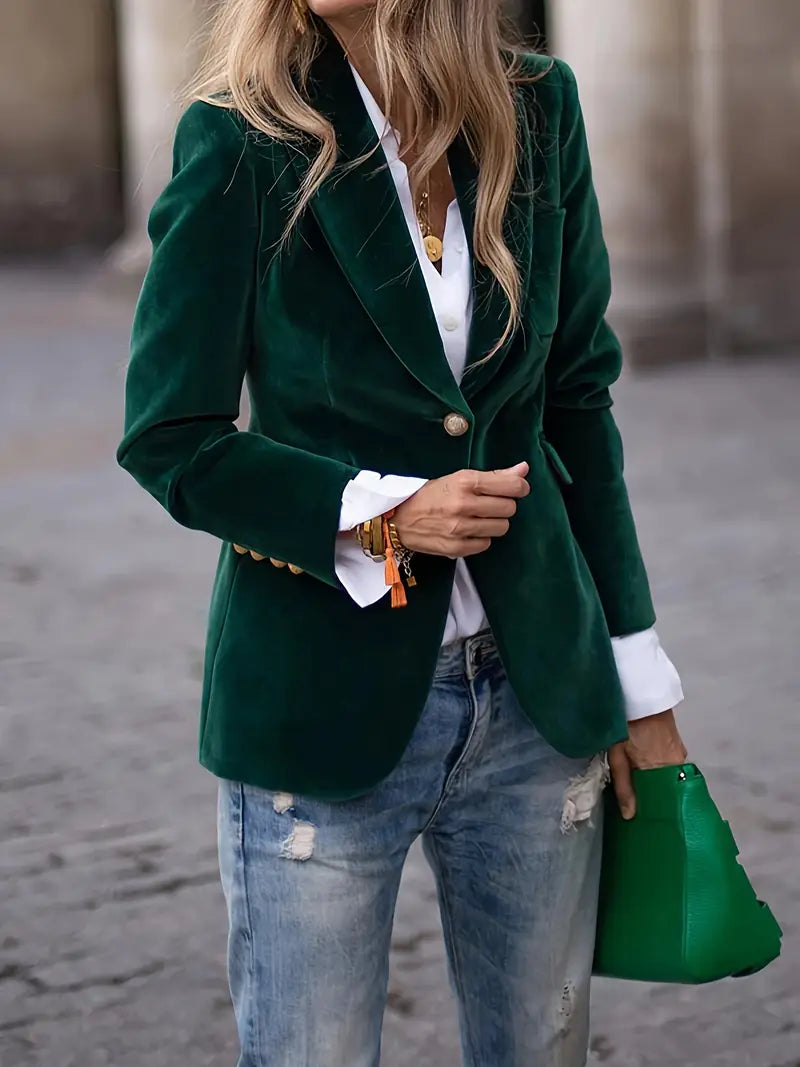 Elegant Velvet Blazer for Women with Peak Lapel Long Sleeve Single Button Tailored Style