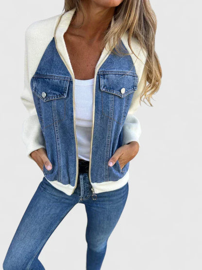 Effortless Colorblock Denim Jacket for Women with Collared Long Sleeve Raglan Zip Front Casual Style