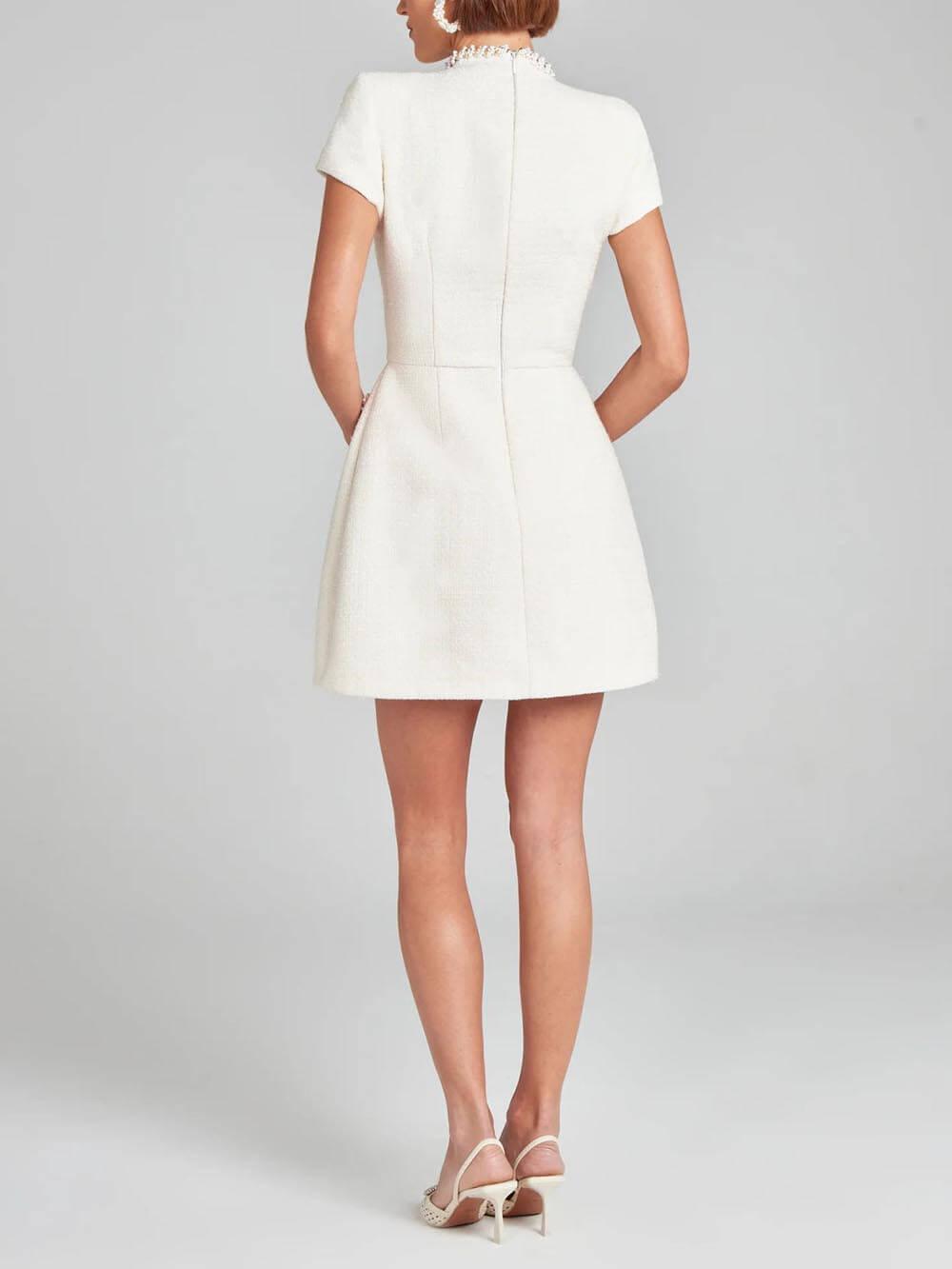 Elegant Tweed Mini Dress for Women with High Neck Cap Sleeve Pearl Embellished Cocktail Style