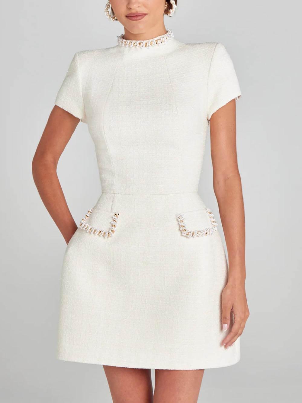 Elegant Tweed Mini Dress for Women with High Neck Cap Sleeve Pearl Embellished Cocktail Style