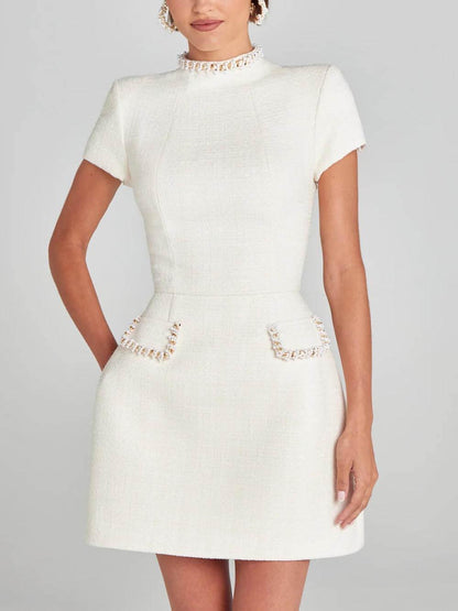 Elegant Tweed Mini Dress for Women with High Neck Cap Sleeve Pearl Embellished Cocktail Style