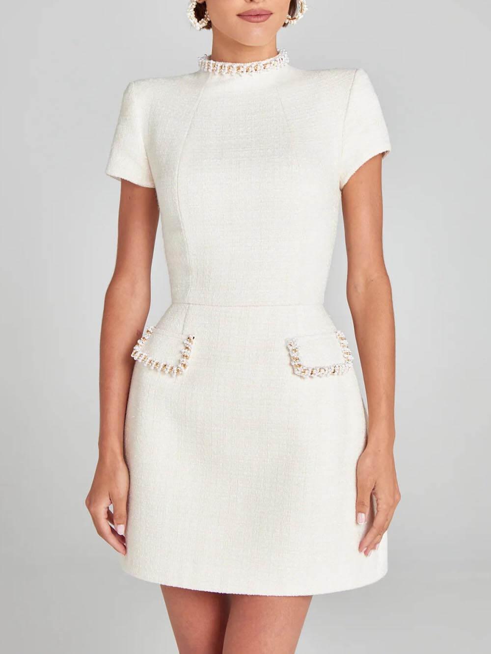 Elegant Tweed Mini Dress for Women with High Neck Cap Sleeve Pearl Embellished Cocktail Style