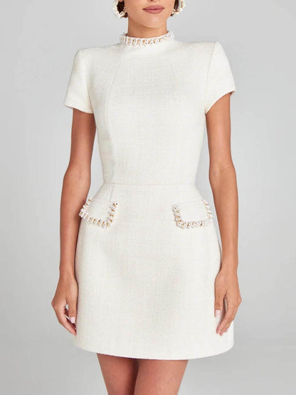 Elegant Tweed Mini Dress for Women with High Neck Cap Sleeve Pearl Embellished Cocktail Style
