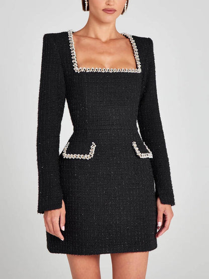 Elegant Tweed Mini Dress for Women with High Neck Cap Sleeve Pearl Embellished Cocktail Style