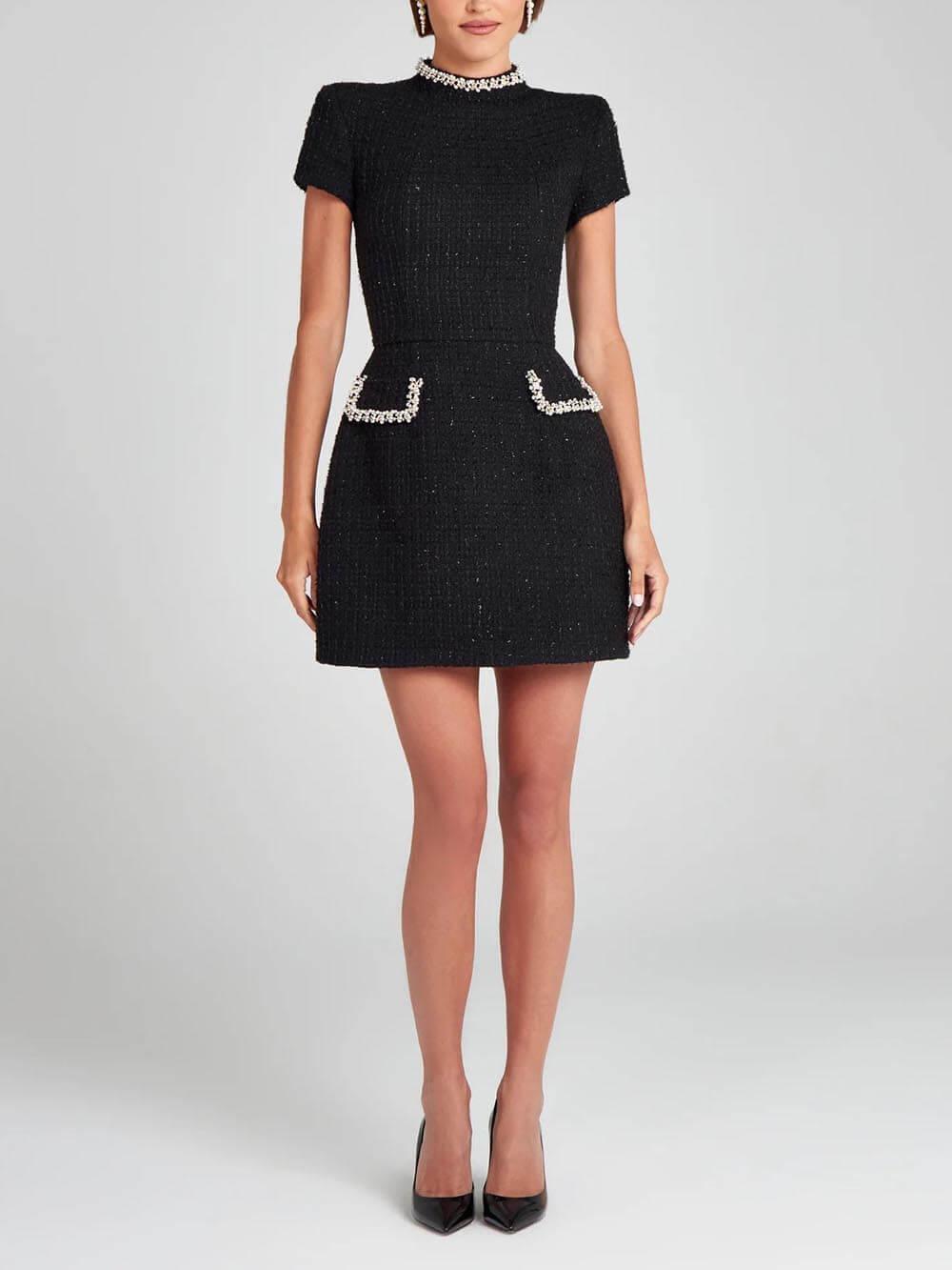 Elegant Tweed Mini Dress for Women with High Neck Cap Sleeve Pearl Embellished Cocktail Style