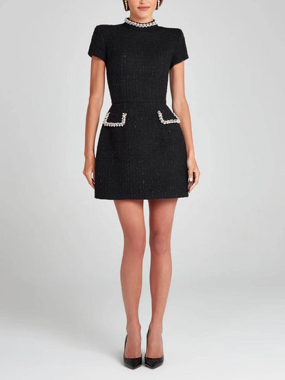 Elegant Tweed Mini Dress for Women with High Neck Cap Sleeve Pearl Embellished Cocktail Style