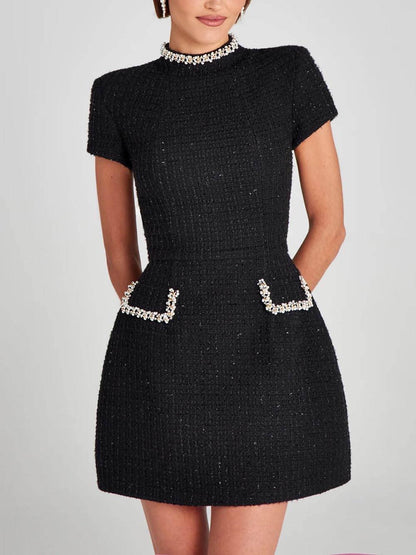Elegant Tweed Mini Dress for Women with High Neck Cap Sleeve Pearl Embellished Cocktail Style