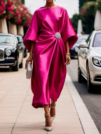 Elegant Satin Midi Dress for Women with Boat Neck Batwing Sleeve Draped Brooch Wedding Guest Style