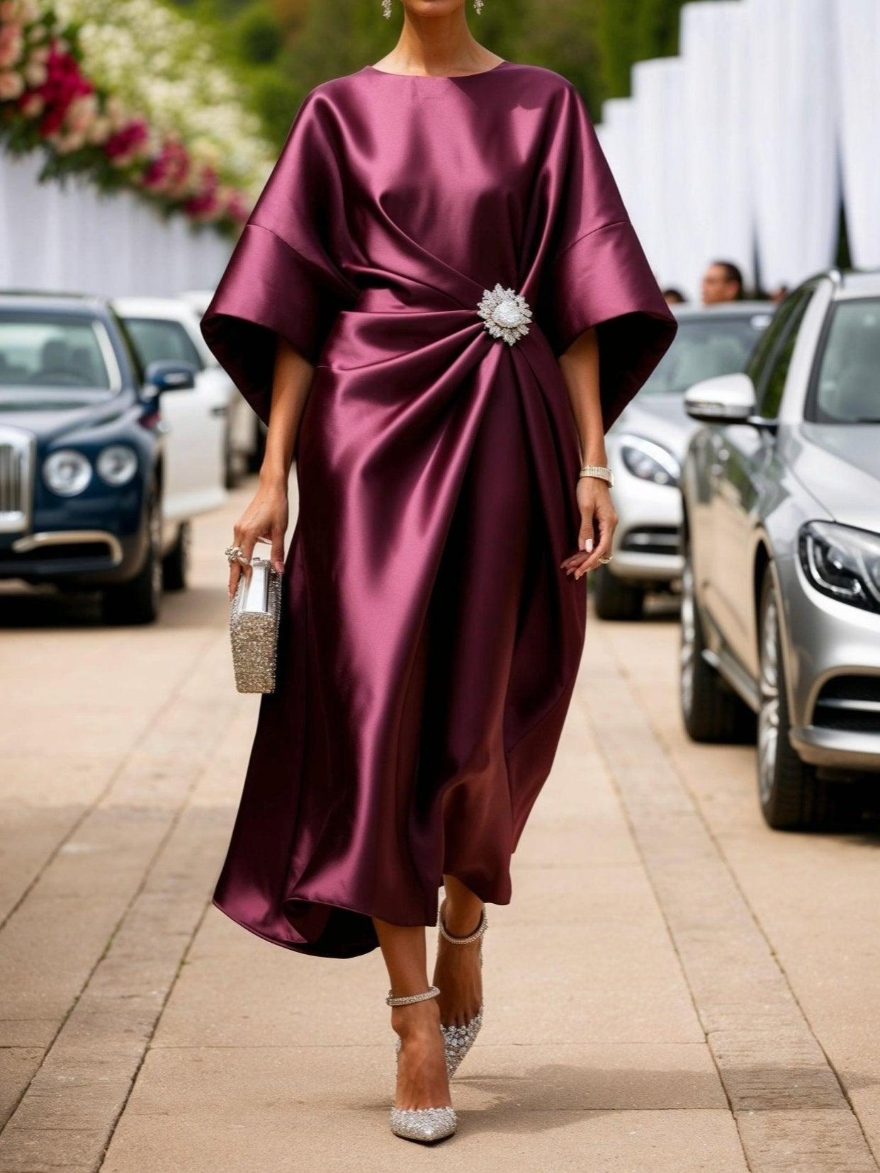 Elegant Satin Midi Dress for Women with Boat Neck Batwing Sleeve Draped Brooch Wedding Guest Style