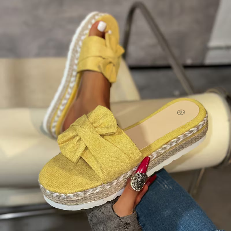 Comfortable Slide Sandals for Women with Bow Detail Espadrille Platform Open Toe Style