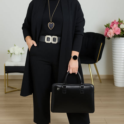Elegant Wide Leg Three Piece Set for Women with Open Front Duster Cardigan Long Sleeve Formal Style