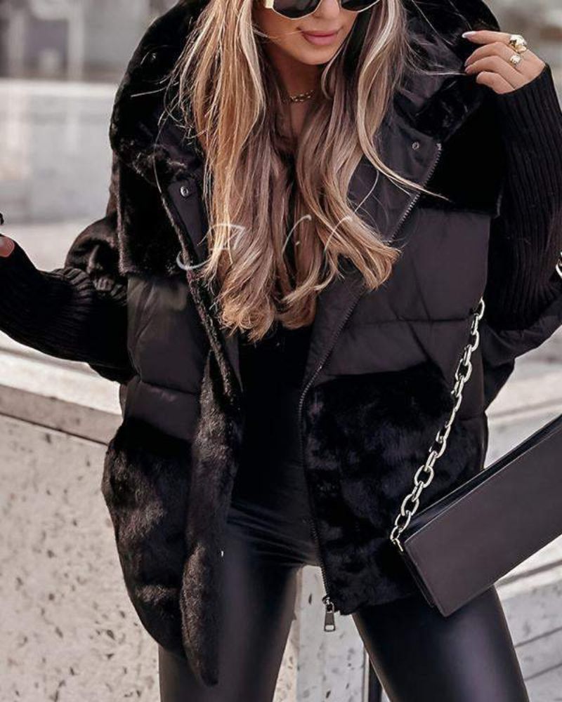 Comfortable Faux Fur Puffer Jacket for Women with Hooded Neck Ribbed Cuff Oversized Casual Style