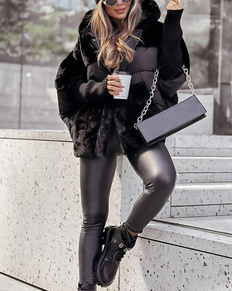 Comfortable Faux Fur Puffer Jacket for Women with Hooded Neck Ribbed Cuff Oversized Casual Style