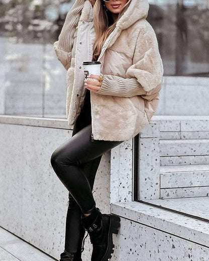 Comfortable Faux Fur Puffer Jacket for Women with Hooded Neck Ribbed Cuff Oversized Casual Style