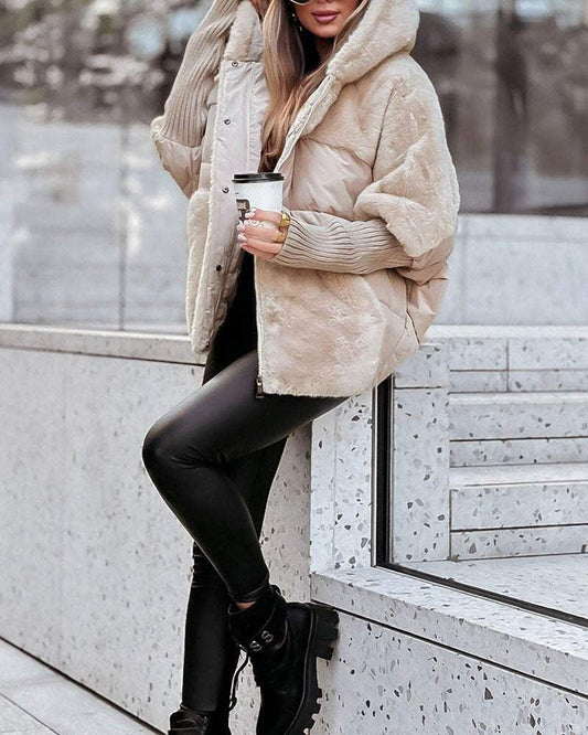Comfortable Faux Fur Puffer Jacket for Women with Hooded Neck Ribbed Cuff Oversized Casual Style