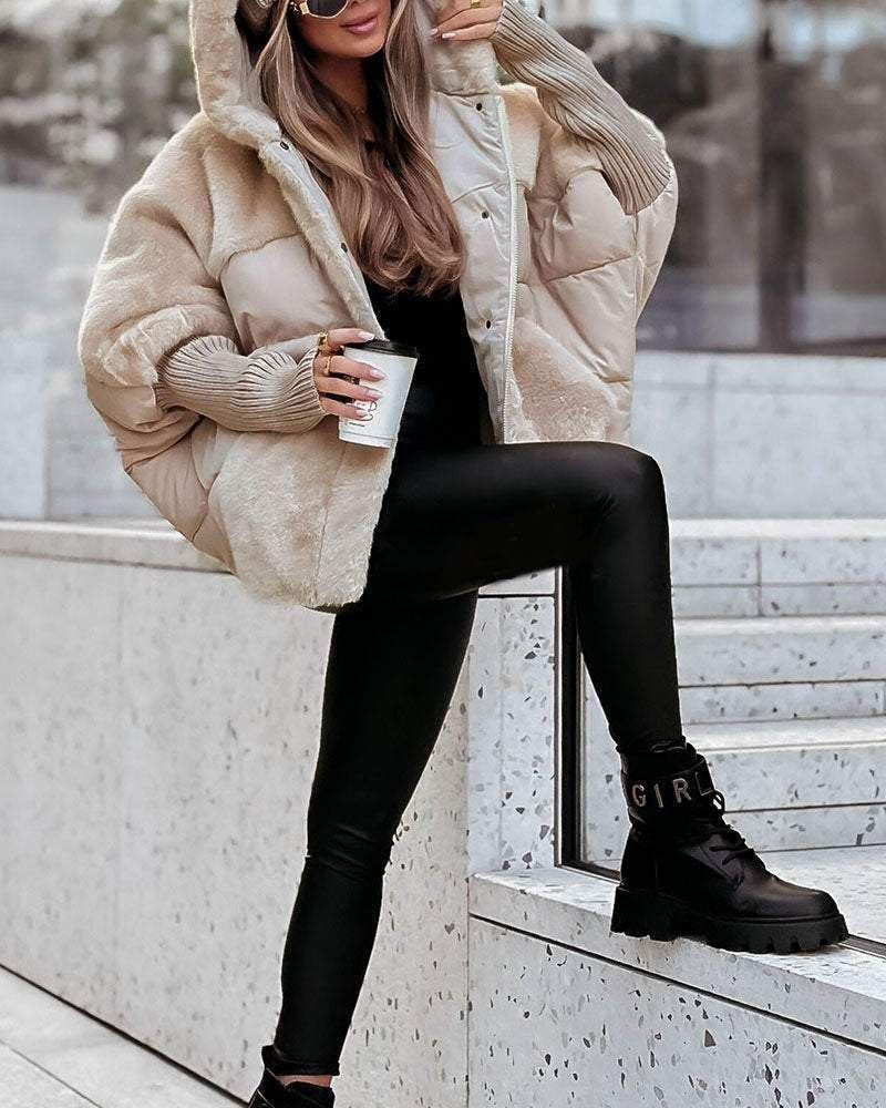 Comfortable Faux Fur Puffer Jacket for Women with Hooded Neck Ribbed Cuff Oversized Casual Style