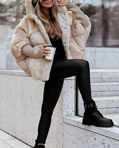 Comfortable Faux Fur Puffer Jacket for Women with Hooded Neck Ribbed Cuff Oversized Casual Style