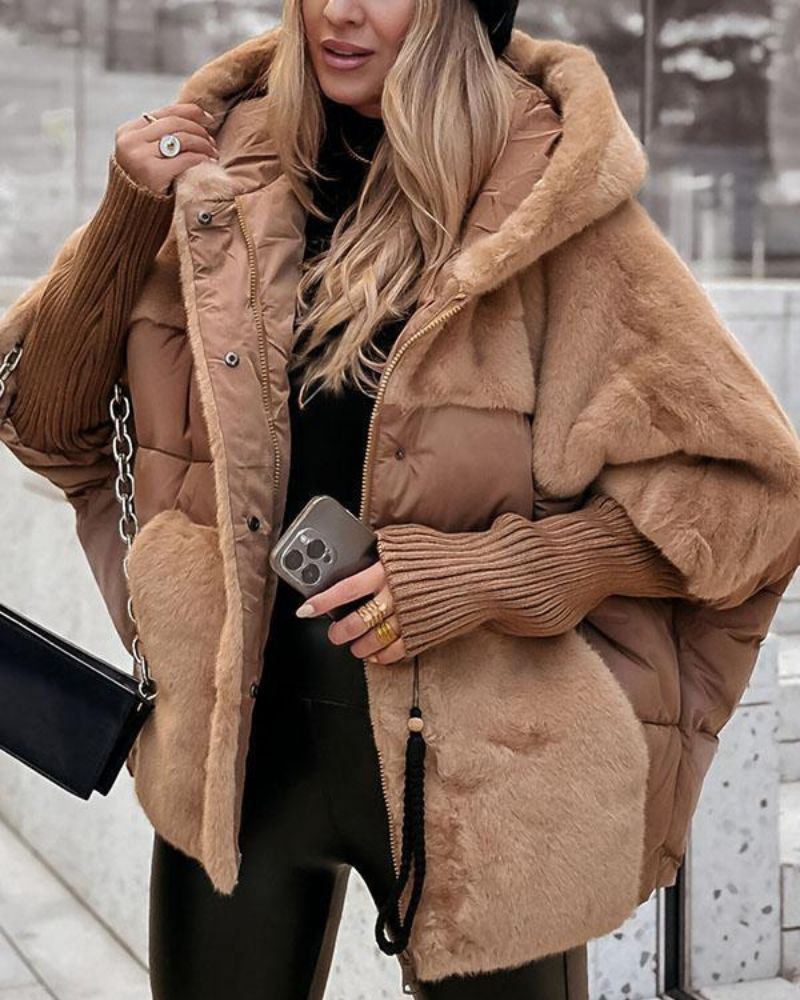 Comfortable Faux Fur Puffer Jacket for Women with Hooded Neck Ribbed Cuff Oversized Casual Style