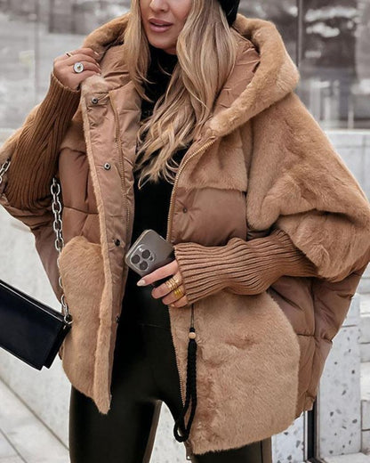 Comfortable Faux Fur Puffer Jacket for Women with Hooded Neck Ribbed Cuff Oversized Casual Style