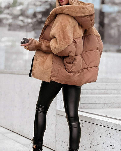 Comfortable Faux Fur Puffer Jacket for Women with Hooded Neck Ribbed Cuff Oversized Casual Style