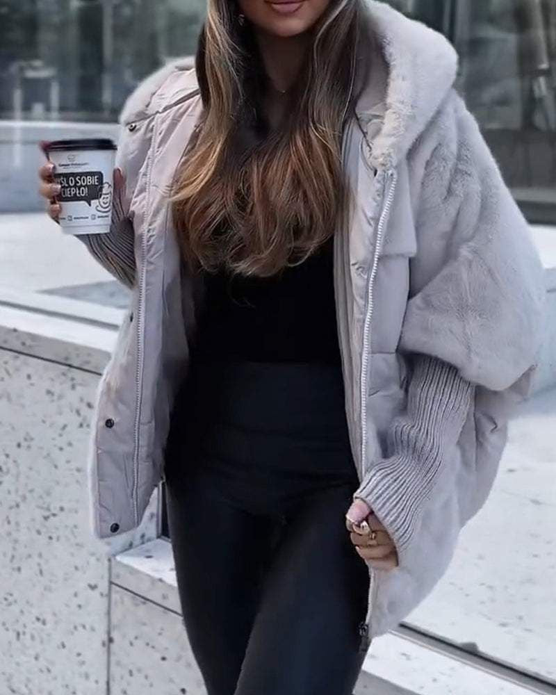 Comfortable Faux Fur Puffer Jacket for Women with Hooded Neck Ribbed Cuff Oversized Casual Style