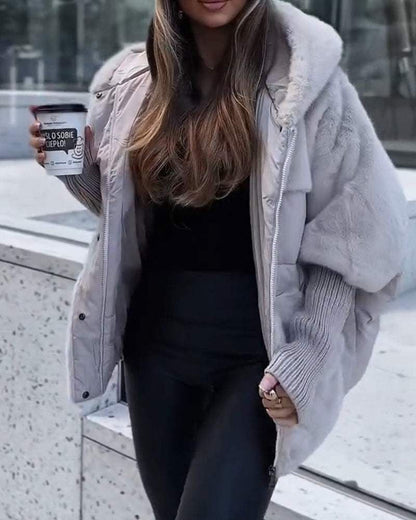 Comfortable Faux Fur Puffer Jacket for Women with Hooded Neck Ribbed Cuff Oversized Casual Style