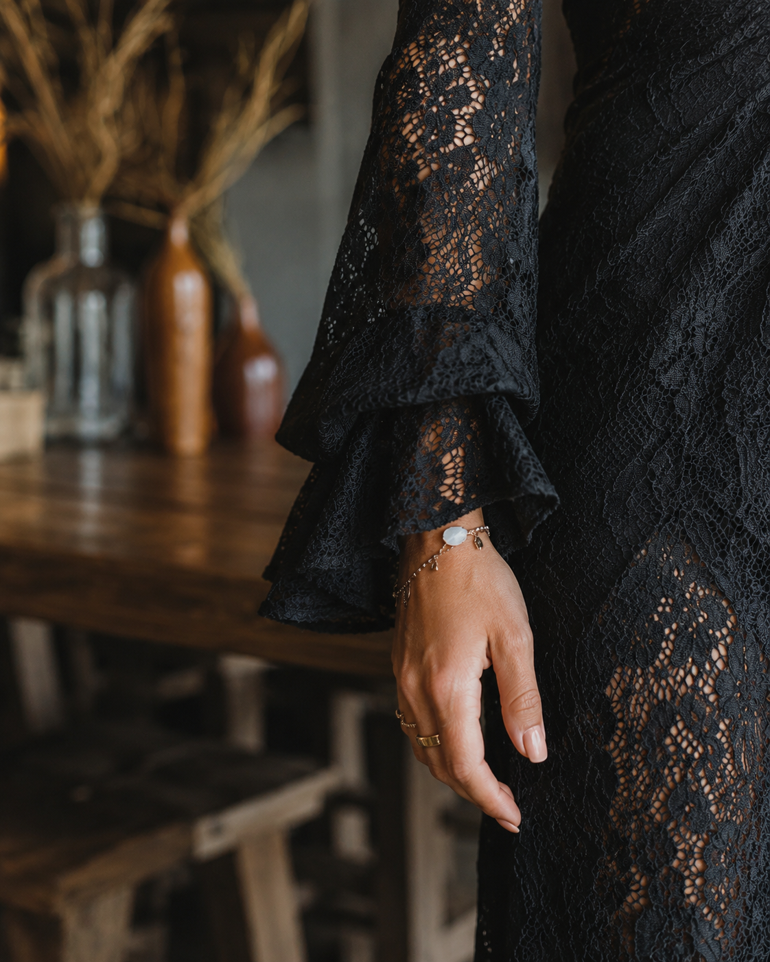 Elegant Black Lace Maxi Dress for Women with V Neck Bell Sleeve Ruched Bohemian Style