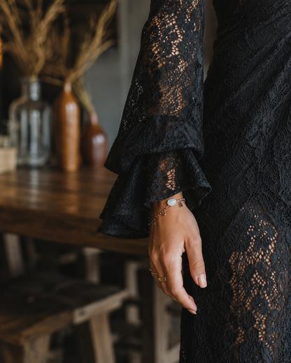 Elegant Black Lace Maxi Dress for Women with V Neck Bell Sleeve Ruched Bohemian Style