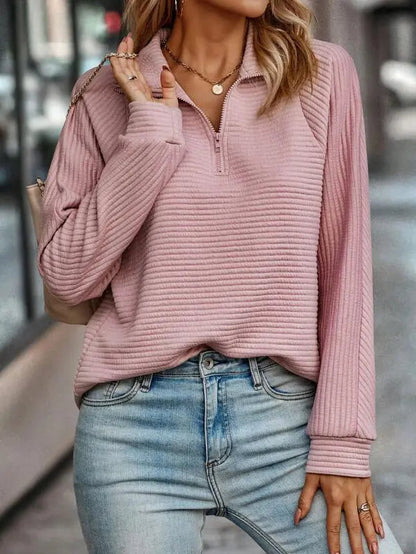 Comfortable Ribbed Quarter Zip Pullover for Women with Zip Collar Long Sleeve Relaxed Oversized Knit Style
