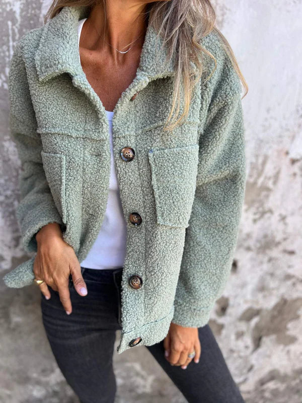 Effortless Sherpa Fleece Jacket for Women with Collar Long Sleeve Button Front Relaxed Style