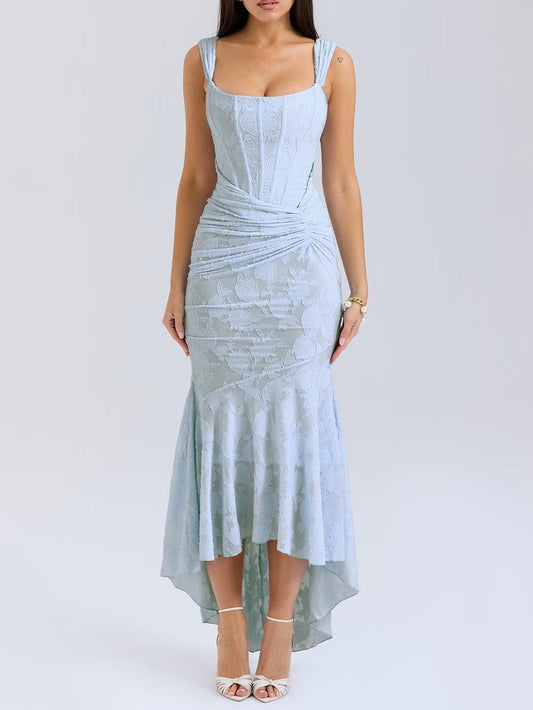 Elegant Lace Maxi Dress for Women with Corset Bodice Ruched Waist High Low Mermaid Formal Style