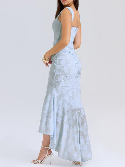 Elegant Lace Maxi Dress for Women with Corset Bodice Ruched Waist High Low Mermaid Formal Style