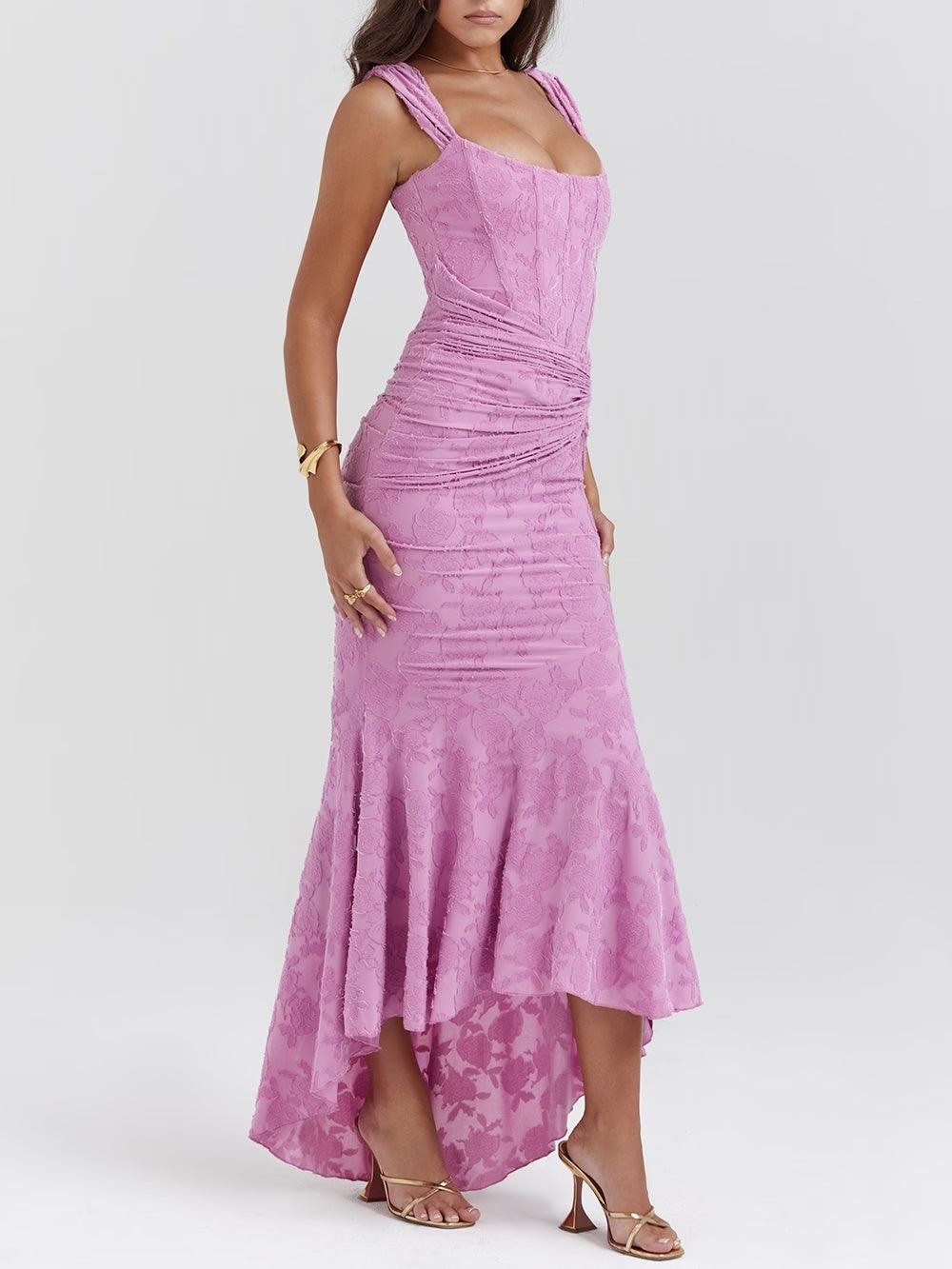 Elegant Lace Maxi Dress for Women with Corset Bodice Ruched Waist High Low Mermaid Formal Style