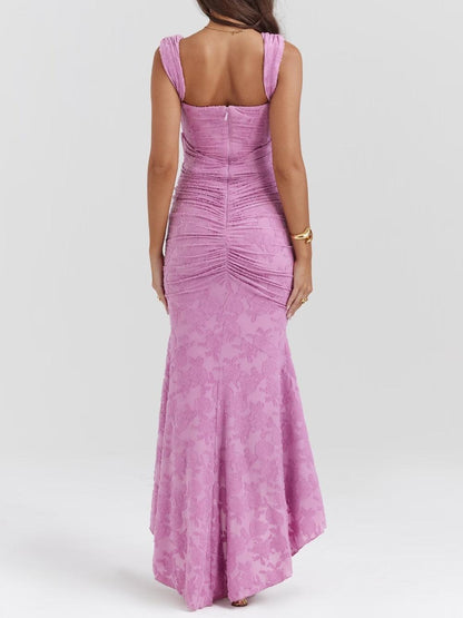 Elegant Lace Maxi Dress for Women with Corset Bodice Ruched Waist High Low Mermaid Formal Style